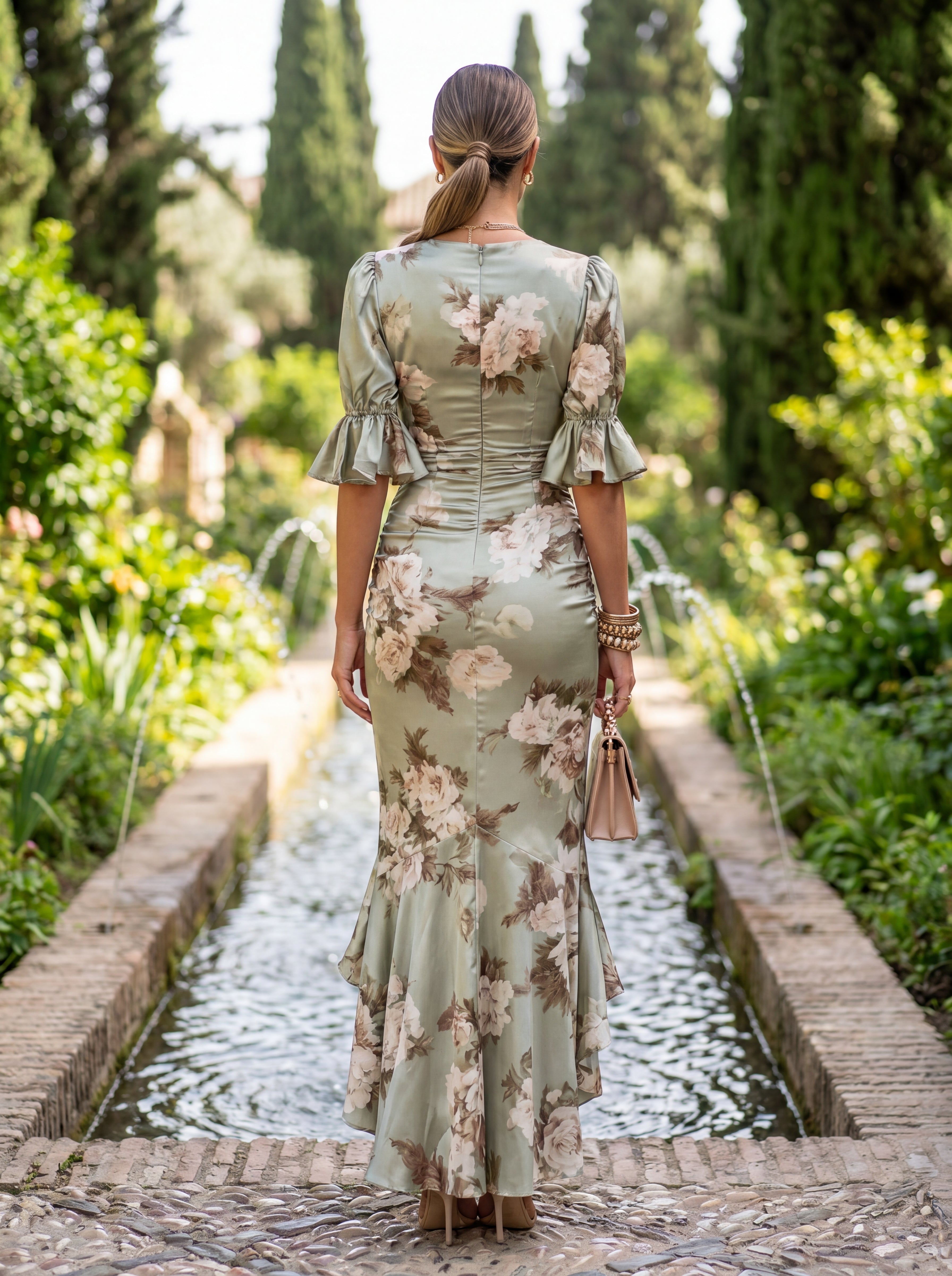 Ana | Long Asymmetric Satin Dress in Green with V-Neck