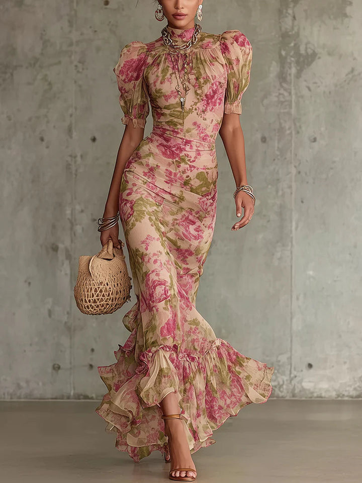Sophia | Romantic Vintage Rose Puff Sleeve Maxi Dress