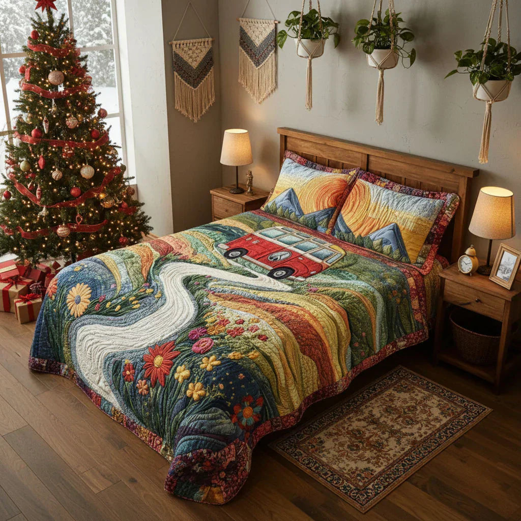 3-Piece Quilted Bedding Set - Vintage Travel