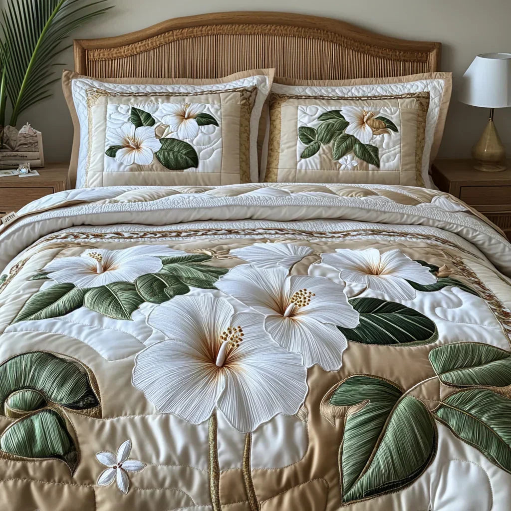 3-Piece Quilted Bedding Set - White Hibiscus