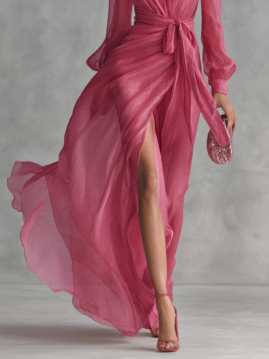 Claire  | Elegant chiffon maxi dress with a V-neck and waist tie