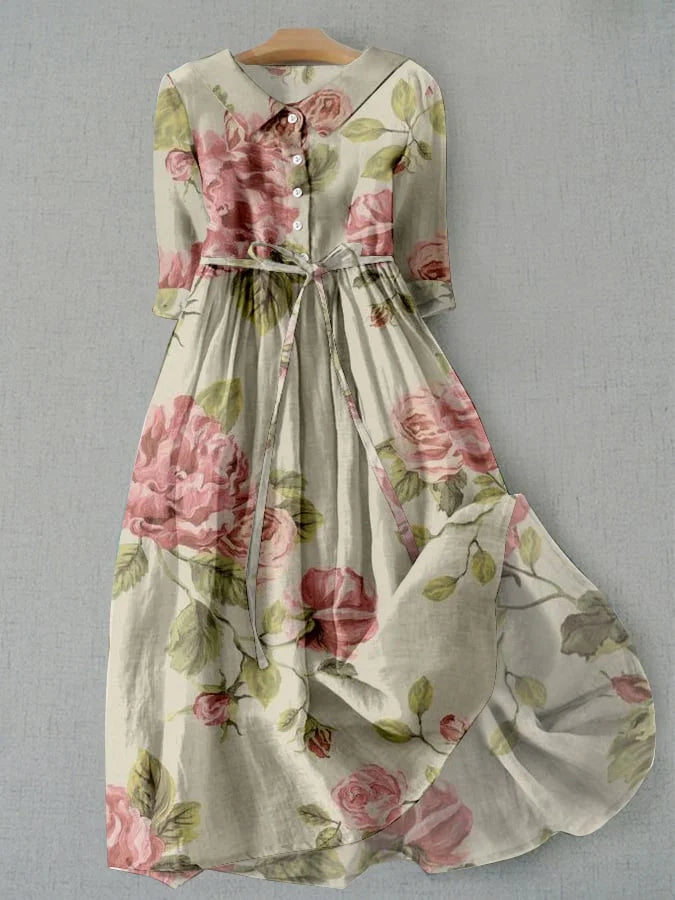 Poppy | Women's Dress - Vintage Floral Print Summer Dress with Adjustable Waist