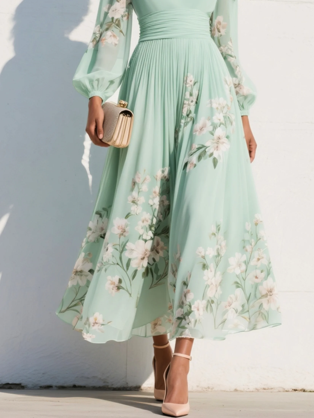 Lucy | Light Green Midi Dress with Pleated V-Neck in Chiffon