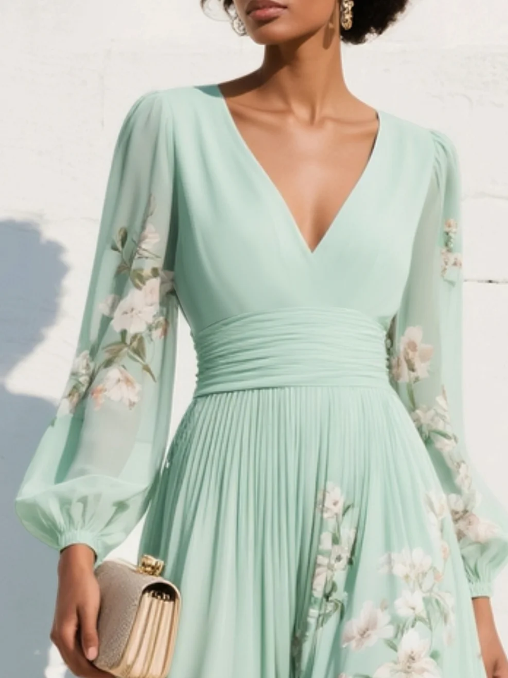 Lucy | Light Green Midi Dress with Pleated V-Neck in Chiffon