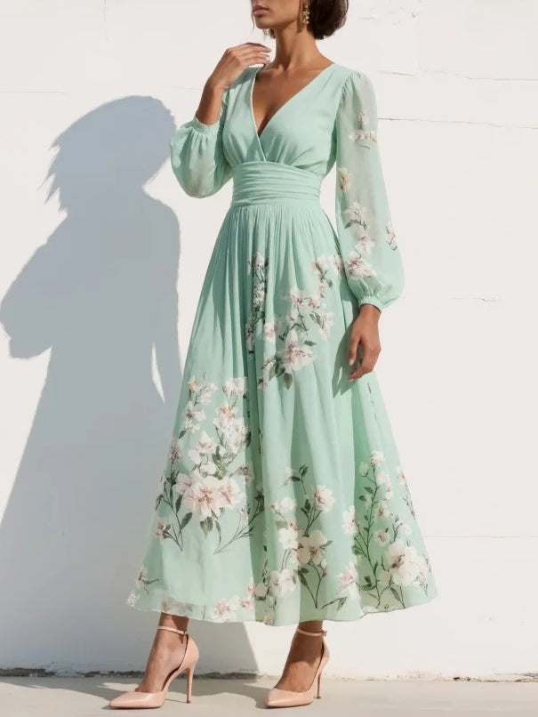 Lucy | Light Green Midi Dress with Pleated V-Neck in Chiffon