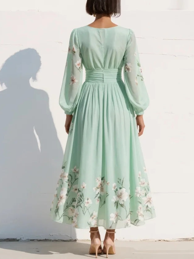 Lauren | Maxi Pleated Chiffon Dress In Mint Green with Floral Print