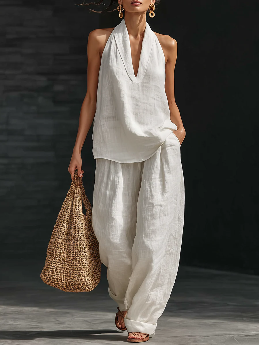 Carmela | Linen Set with V-Neck and Flowing Pants