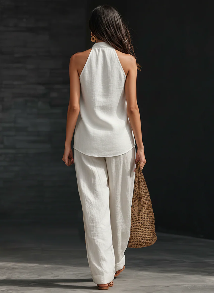 Carmela | Linen Set with V-Neck and Flowing Pants