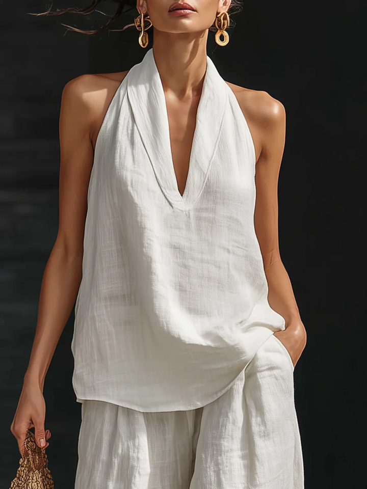 Carmela | Linen Set with V-Neck and Flowing Pants