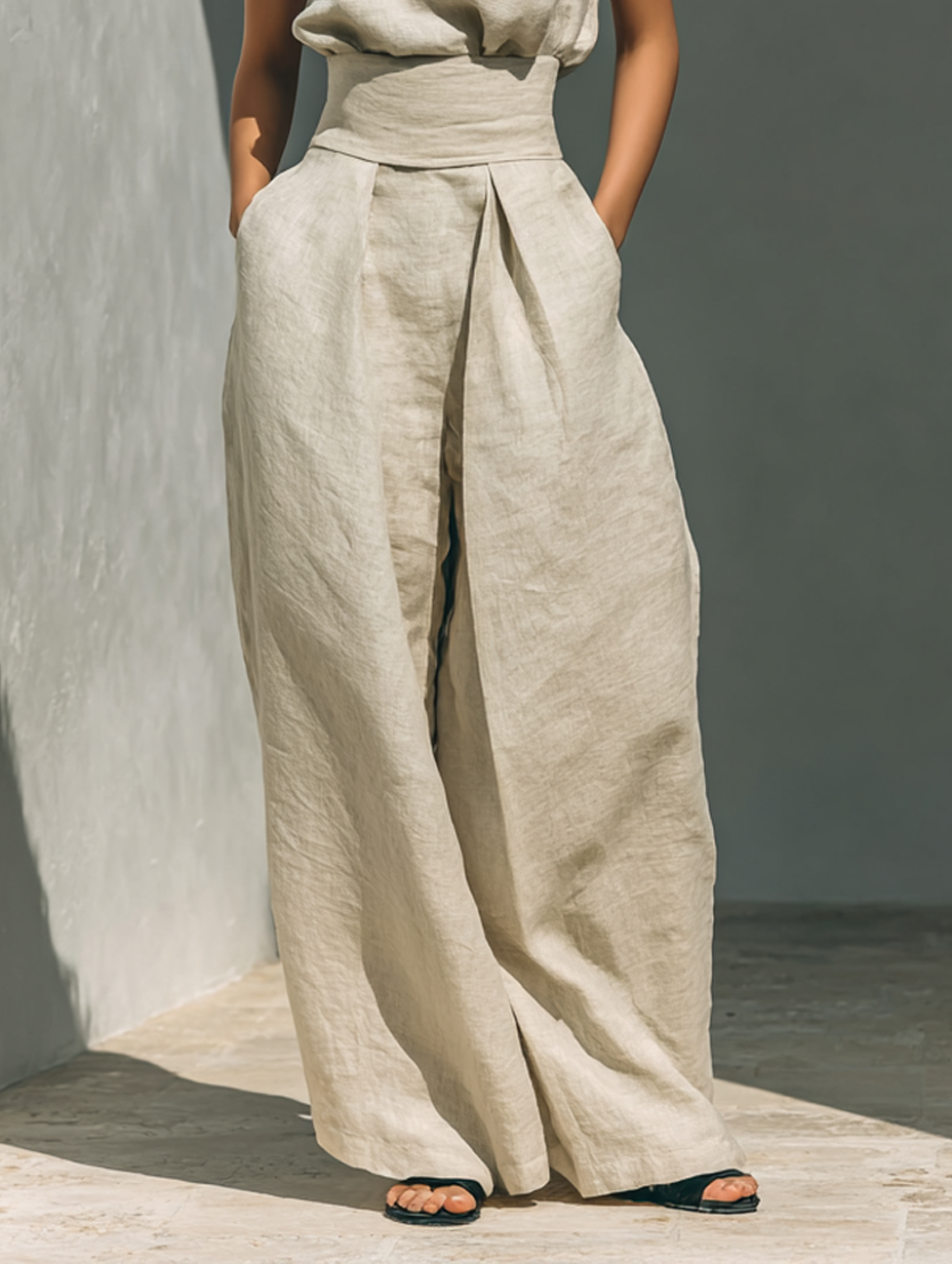 Olivia | Relaxed Beige Sleeveless Wide-Leg Co-Ord Set