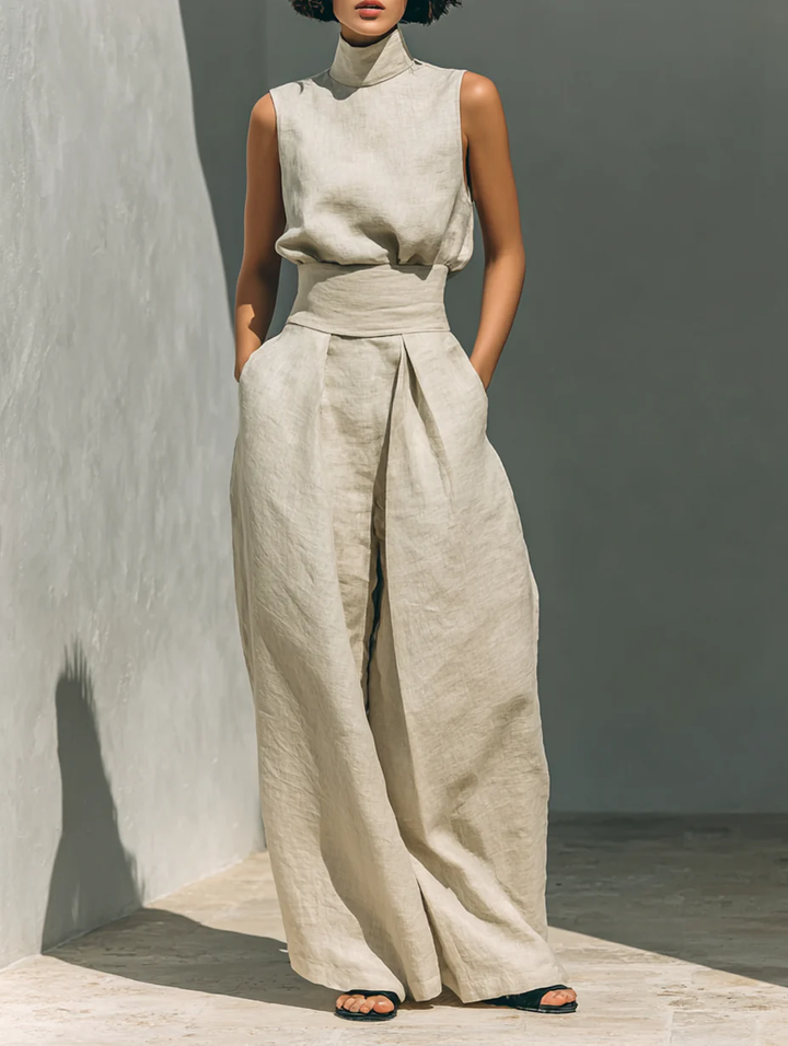 Olivia | Relaxed Beige Sleeveless Wide-Leg Co-Ord Set