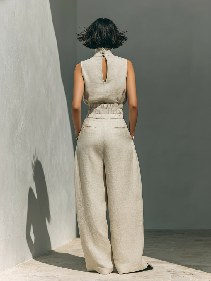Olivia | Relaxed Beige Sleeveless Wide-Leg Co-Ord Set