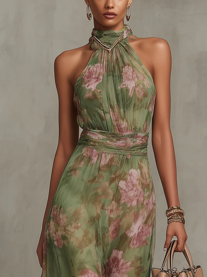 Victoria | Elegant Floral Chiffon Halter Maxi Dress