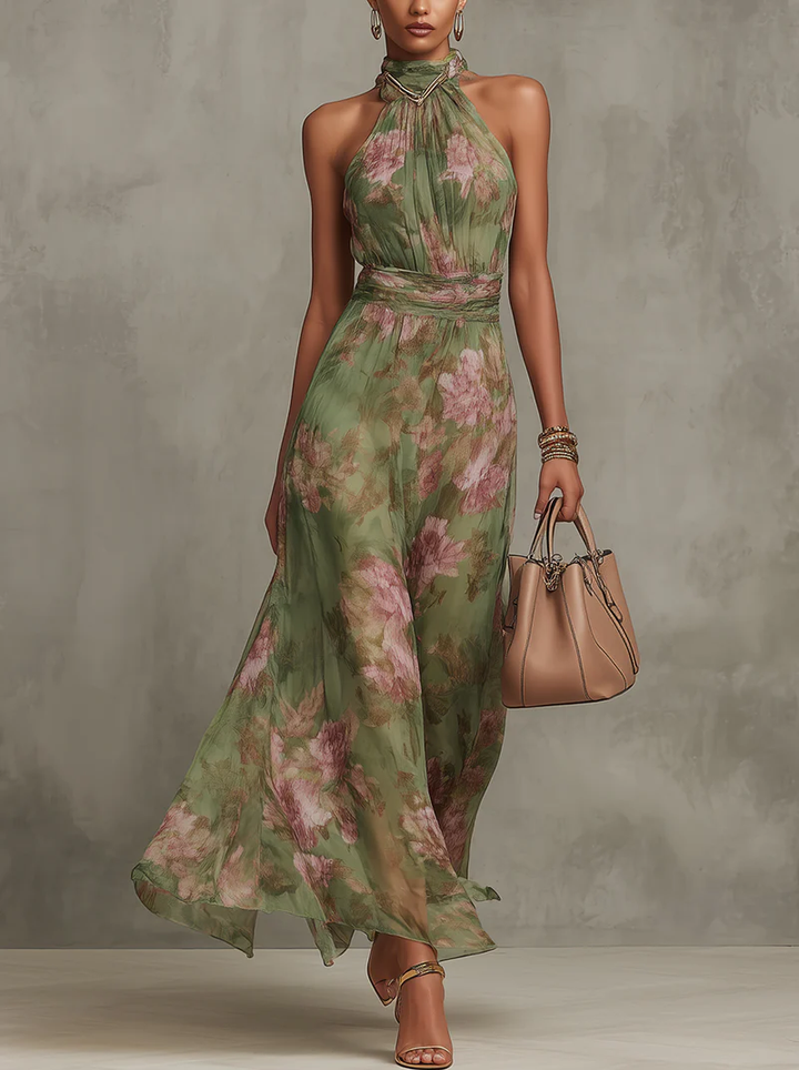 Victoria | Elegant Floral Chiffon Halter Maxi Dress