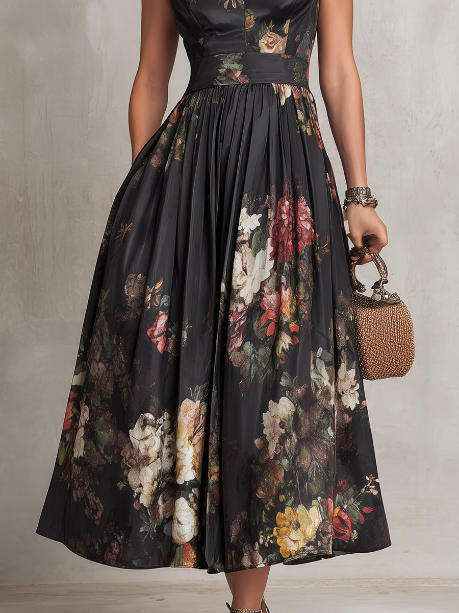 Hannah | Black Midi Dress in Pleated Satin With Floral Pattern and Keyhole Neckline