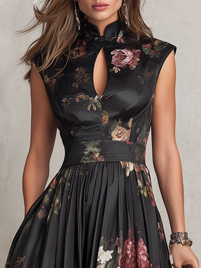 Hannah | Black Midi Dress in Pleated Satin With Floral Pattern and Keyhole Neckline