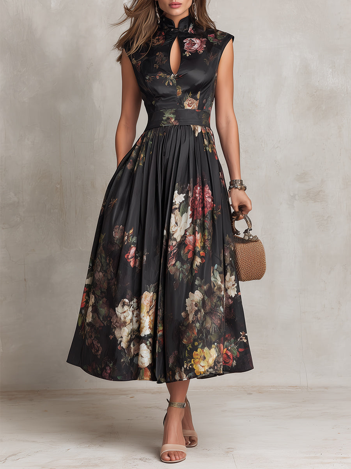 Patricia | Black Satin Midi Dress with Floral Pattern and Pleating