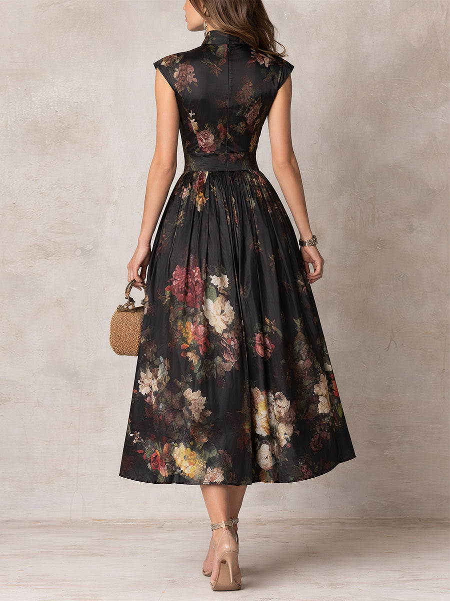 Hannah | Black Midi Dress in Pleated Satin With Floral Pattern and Keyhole Neckline