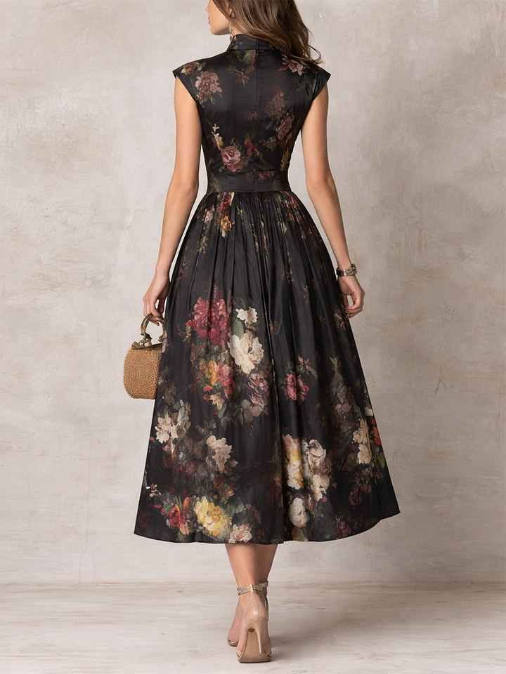 Hannah | Black Midi Dress in Pleated Satin With Floral Pattern and Keyhole Neckline