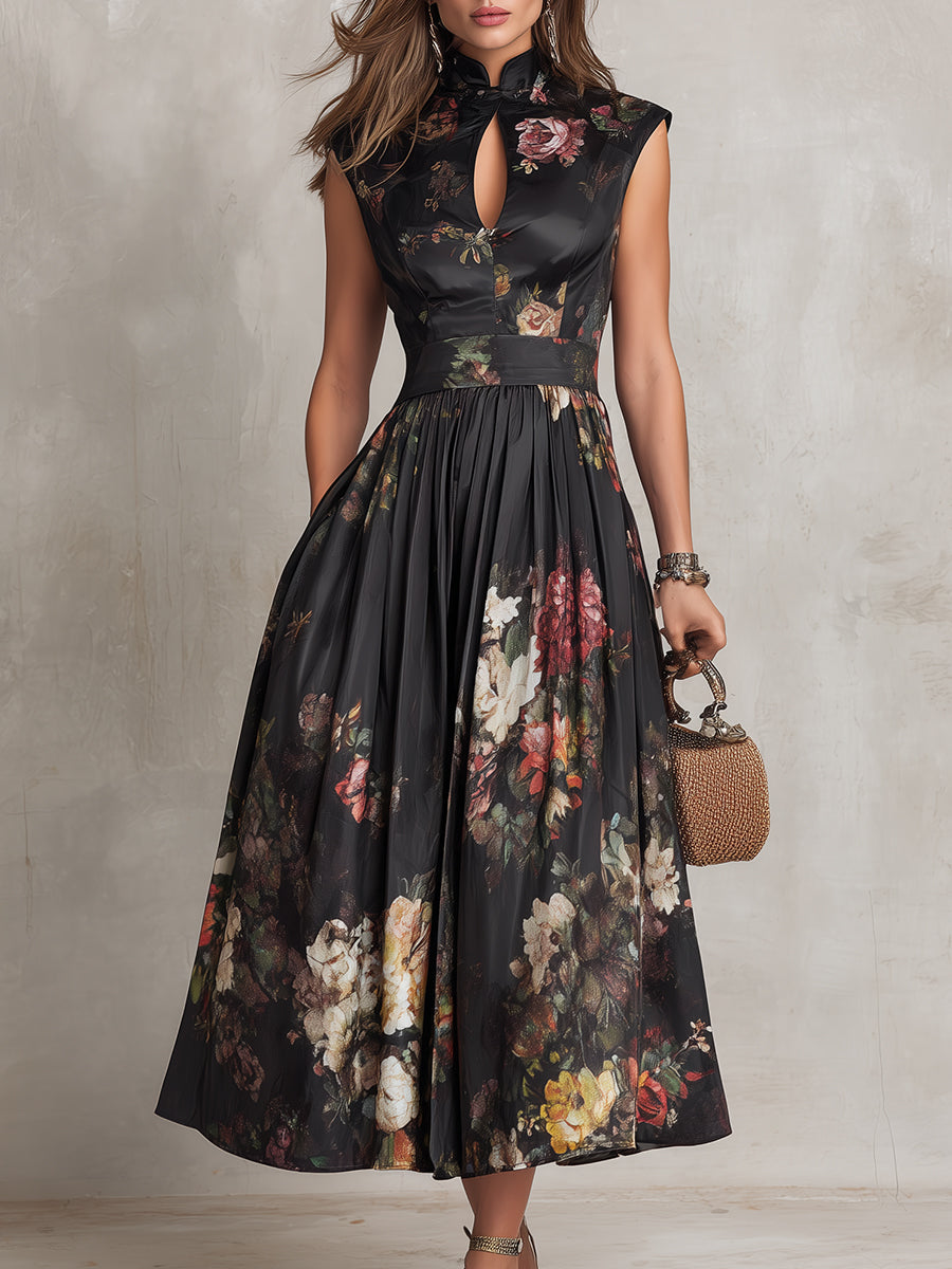 Hannah | Black Midi Dress in Pleated Satin With Floral Pattern and Keyhole Neckline