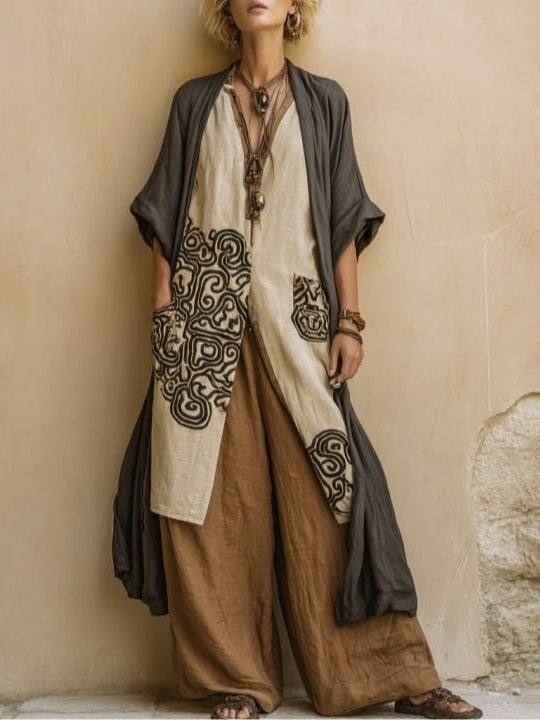 Megan | Three-Piece Bohemian Nomad Set In Dark Gray And Brown with Tribal Pattern