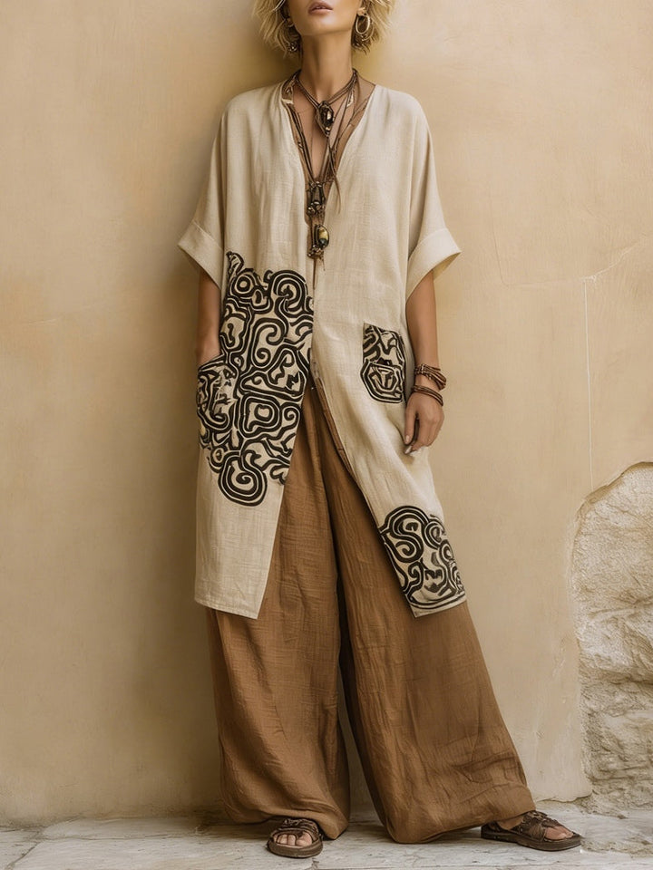 Megan | Three-Piece Bohemian Nomad Set In Dark Gray And Brown with Tribal Pattern