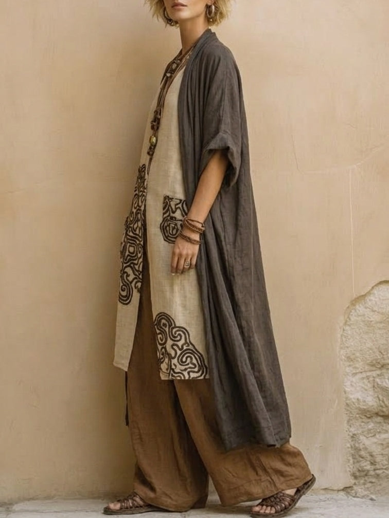 Megan | Three-Piece Bohemian Nomad Set In Dark Gray And Brown with Tribal Pattern