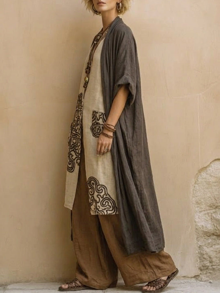 Megan | Three-Piece Bohemian Nomad Set In Dark Gray And Brown with Tribal Pattern