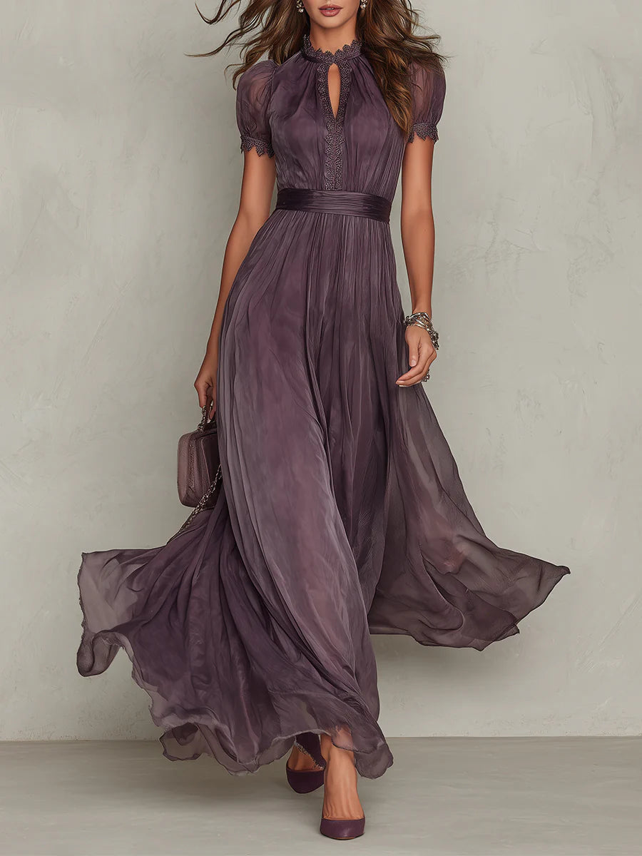Flavia | Elegant long purple dress with a drop neckline and lace