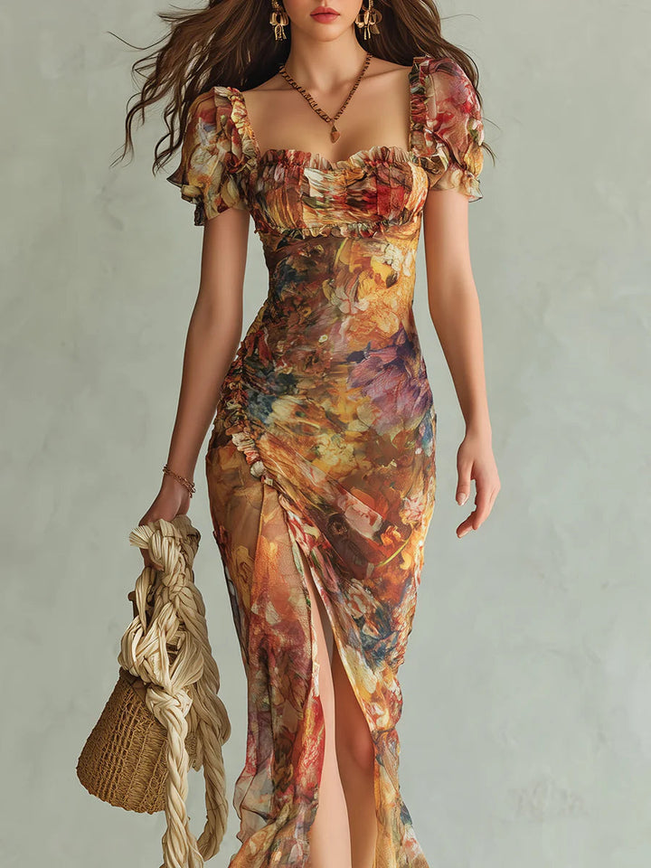 Lily | Long Orange Chiffon Dress With Bohemian-style Oil Painting Print