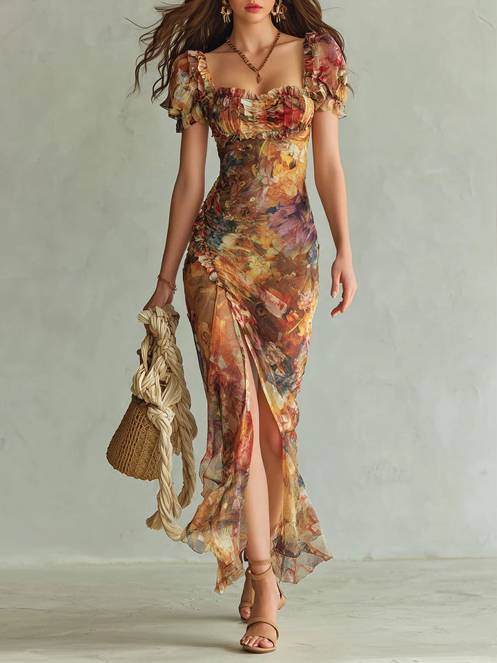Lily | Long Orange Chiffon Dress With Bohemian-style Oil Painting Print