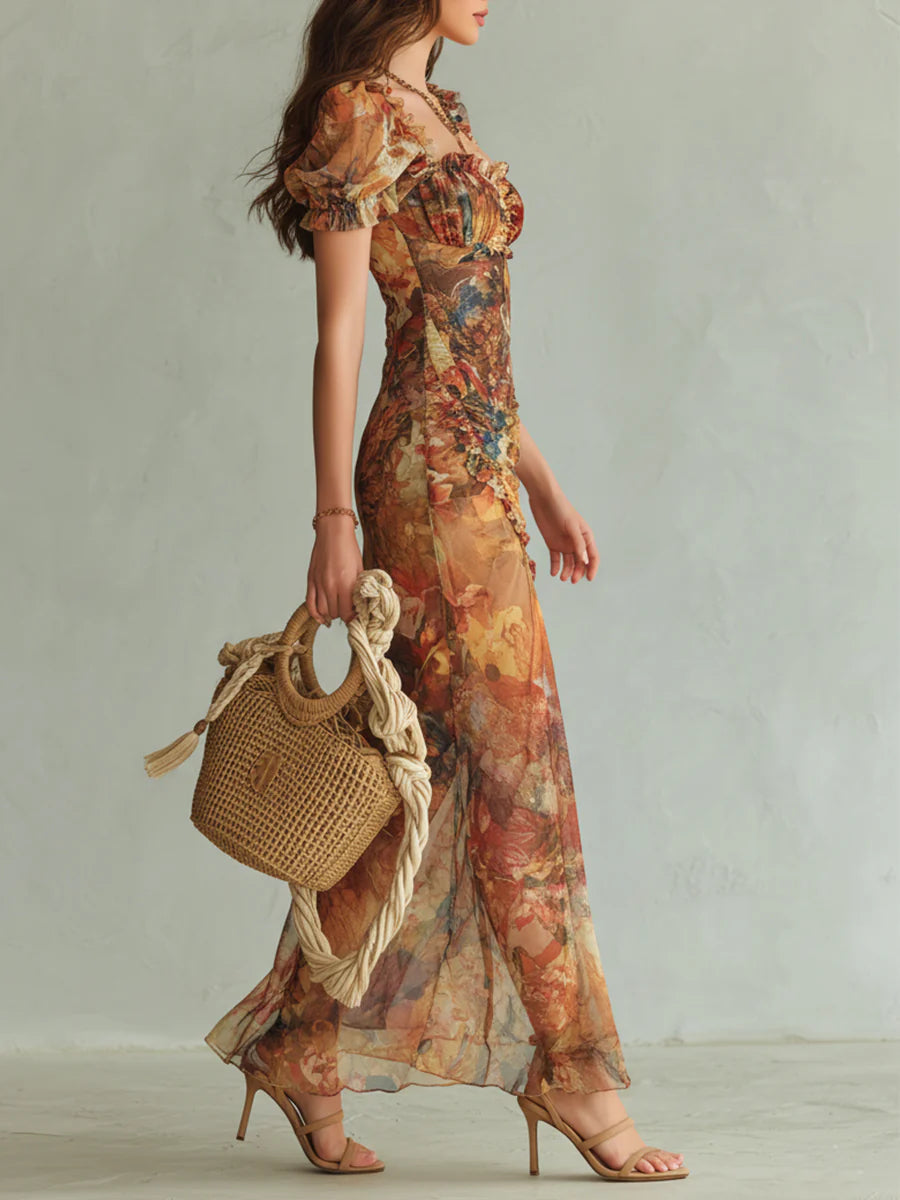 Lily | Long Orange Chiffon Dress With Bohemian-style Oil Painting Print