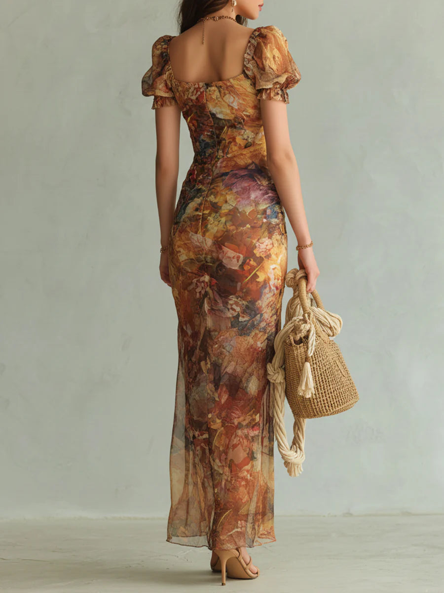 Lily | Long Orange Chiffon Dress With Bohemian-style Oil Painting Print