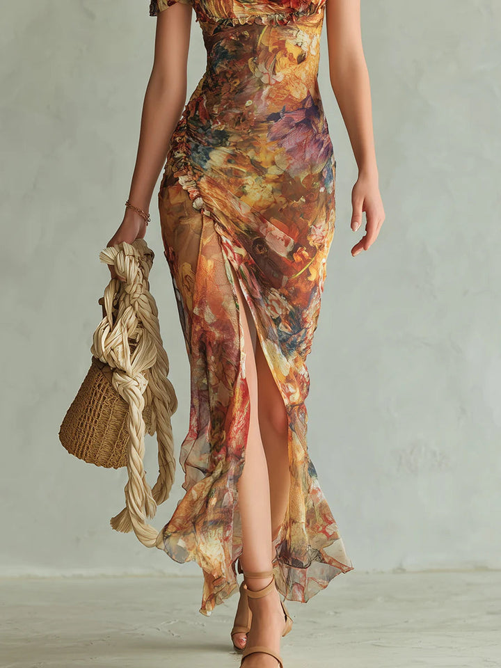 Lily | Long Orange Chiffon Dress With Bohemian-style Oil Painting Print