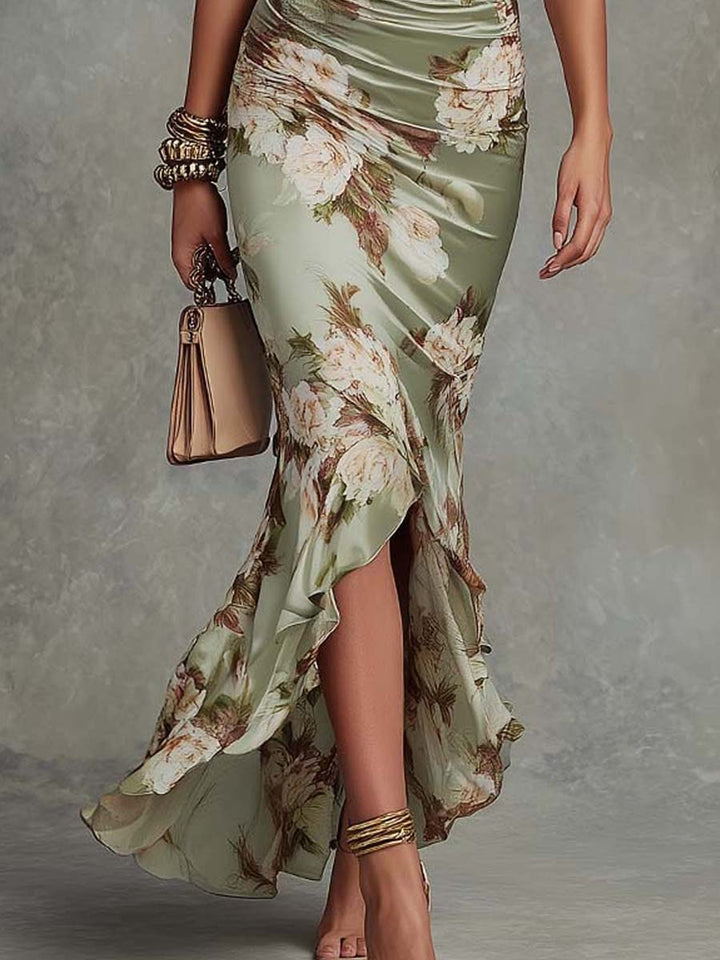Natalie | Asymmetrical Long Dress In Green Satin With V-neck
