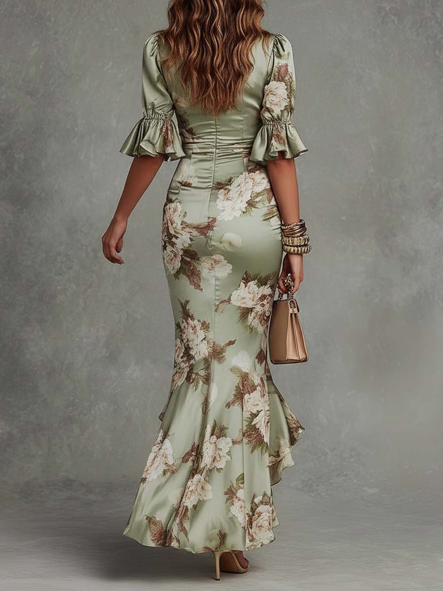 Ana | Long Asymmetric Satin Dress in Green with V-Neck