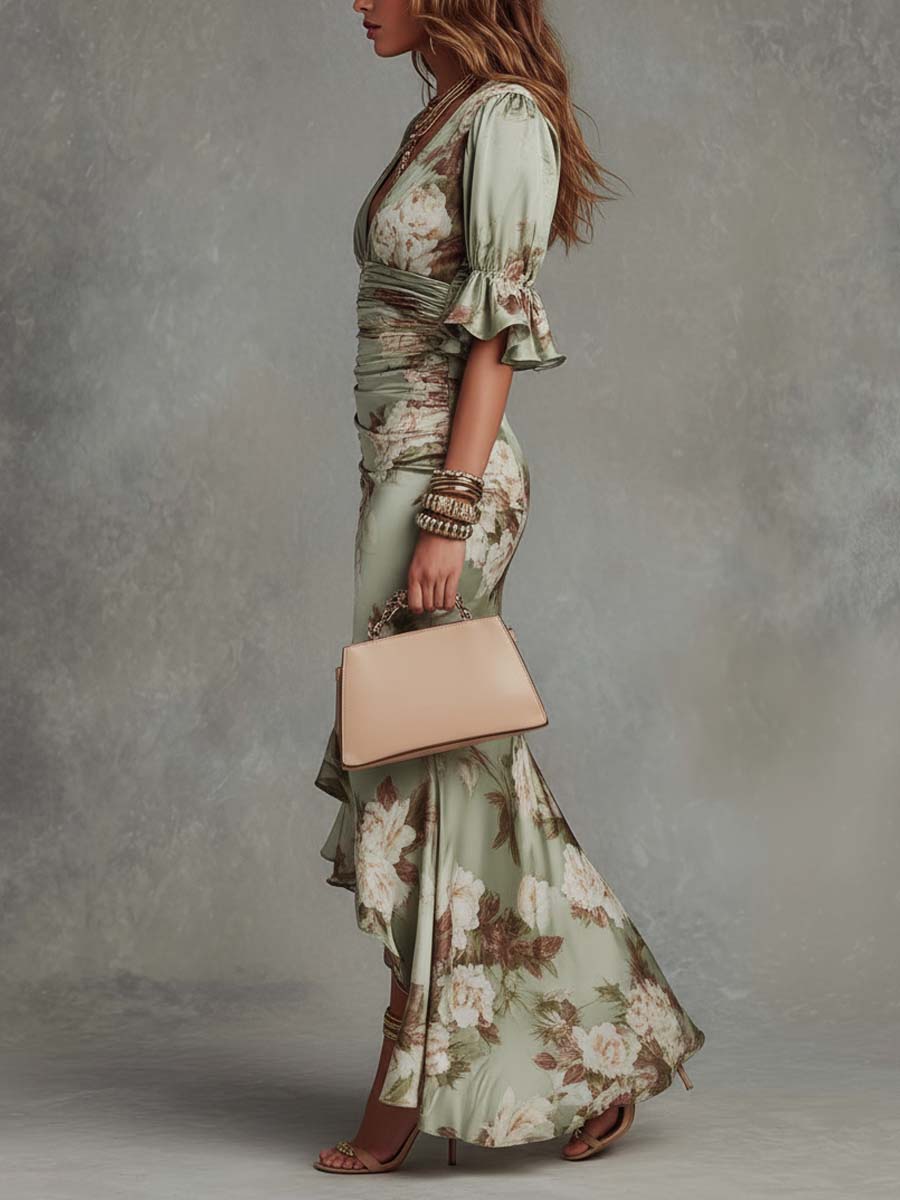 Ana | Long Asymmetric Satin Dress in Green with V-Neck