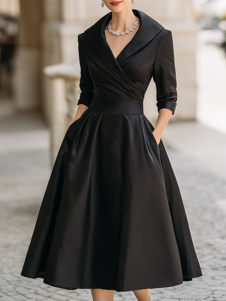 Courtney | Vintage Style Satin Midi Dress with Draped Collar