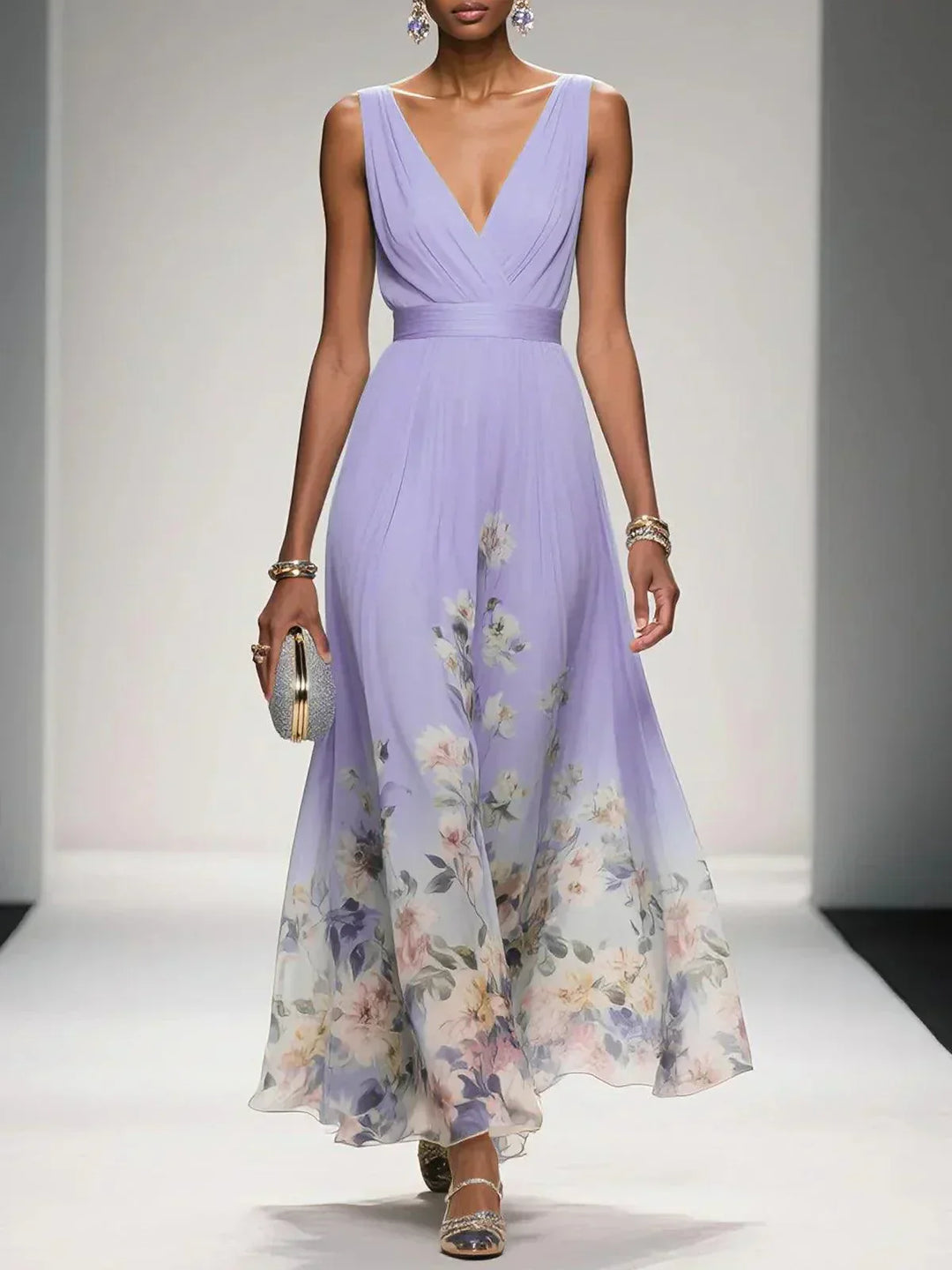Rose | Light Blue Maxi Chiffon Dress with V-Neck
