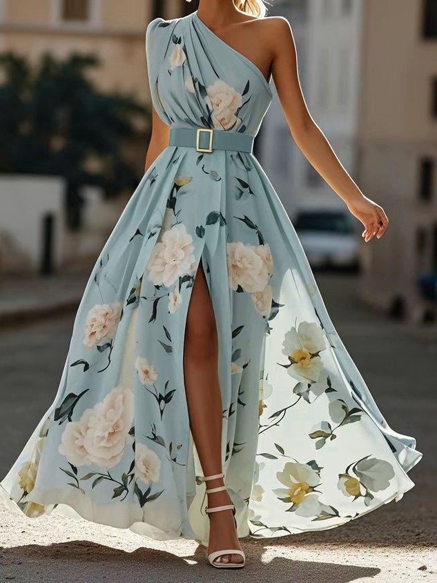 Anna | Light Green Maxi Floral Dress with One Shoulder