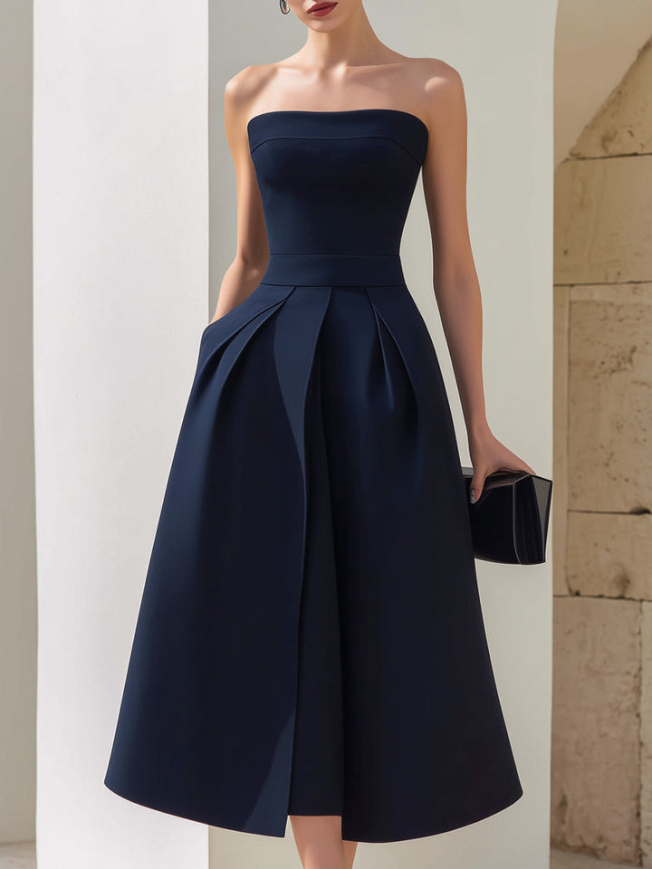 Alexandra | A-Line Strapless Midi Dress with Pleats