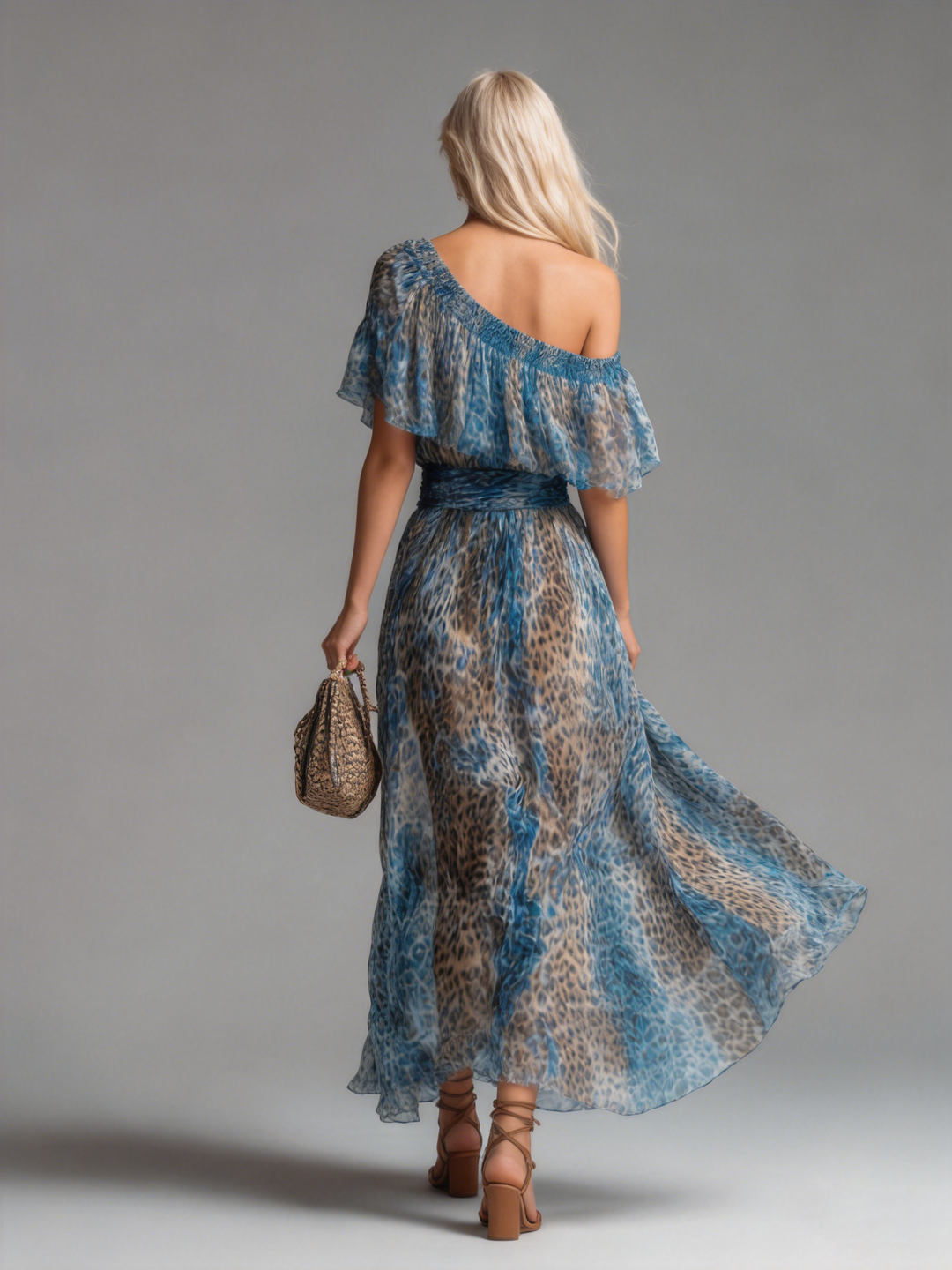 Chloe | Long Chiffon Dress With Leopard Print And Bare Shoulders