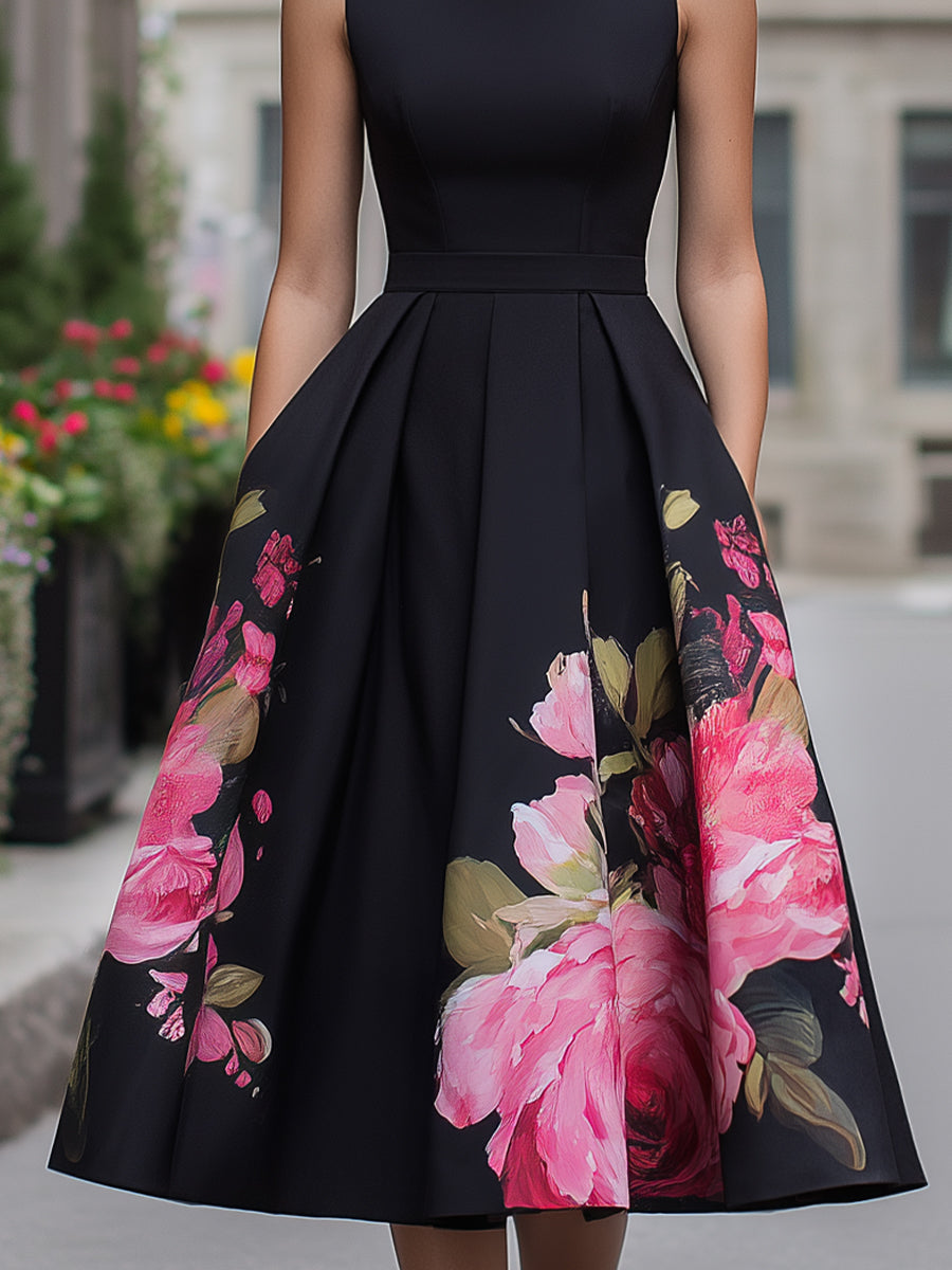 Danielle | Elegant Sleeveless Midi Dress with Floral Pattern on the Skirt