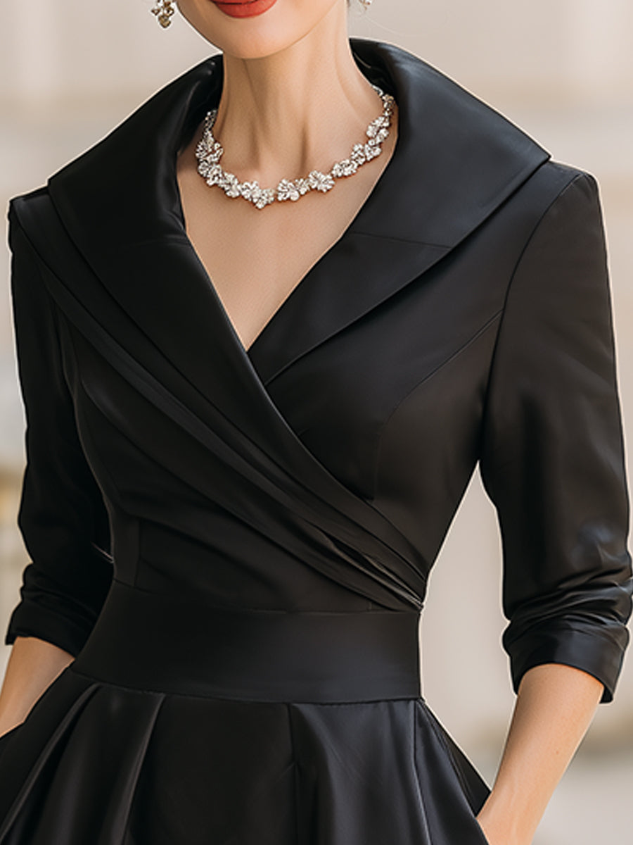 Courtney | Vintage Style Satin Midi Dress with Draped Collar
