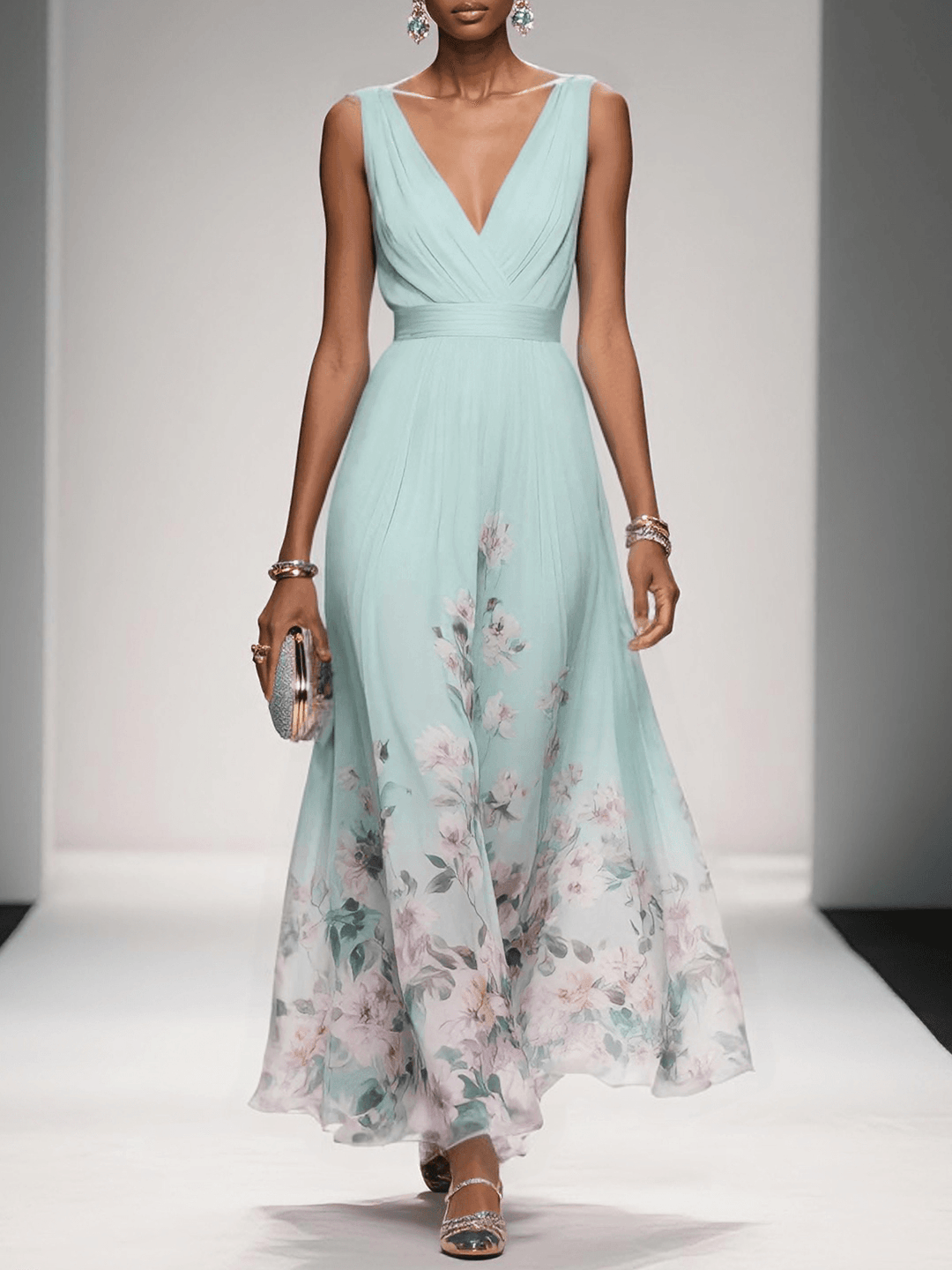 Rose | Light Blue Maxi Chiffon Dress with V-Neck