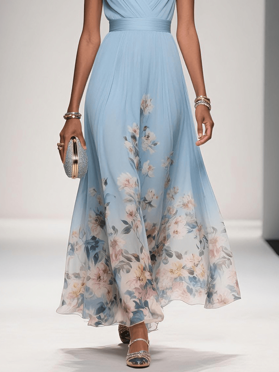 Rose | Light Blue Maxi Chiffon Dress with V-Neck