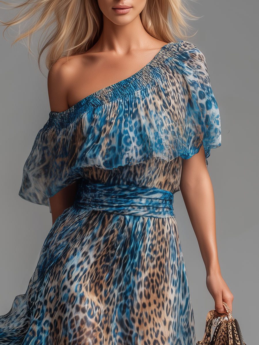 Chloe | Long Chiffon Dress With Leopard Print And Bare Shoulders