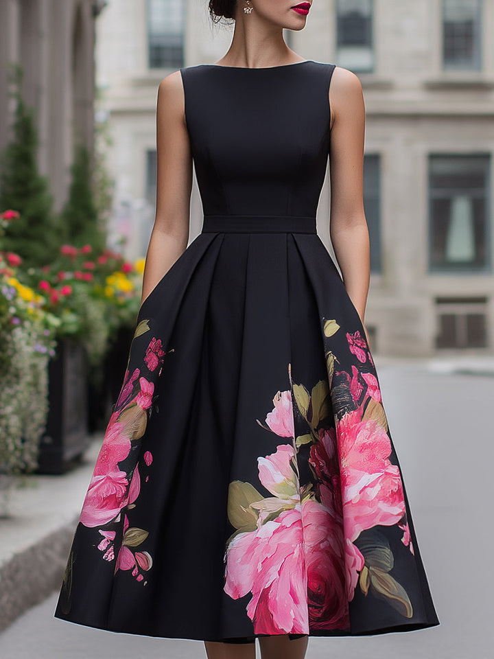 Danielle | Elegant Sleeveless Midi Dress with Floral Pattern on the Skirt