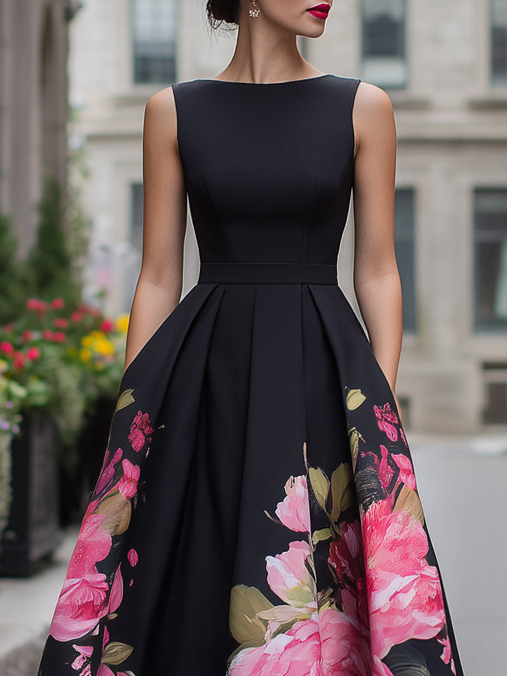 Danielle | Elegant Sleeveless Midi Dress with Floral Pattern on the Skirt