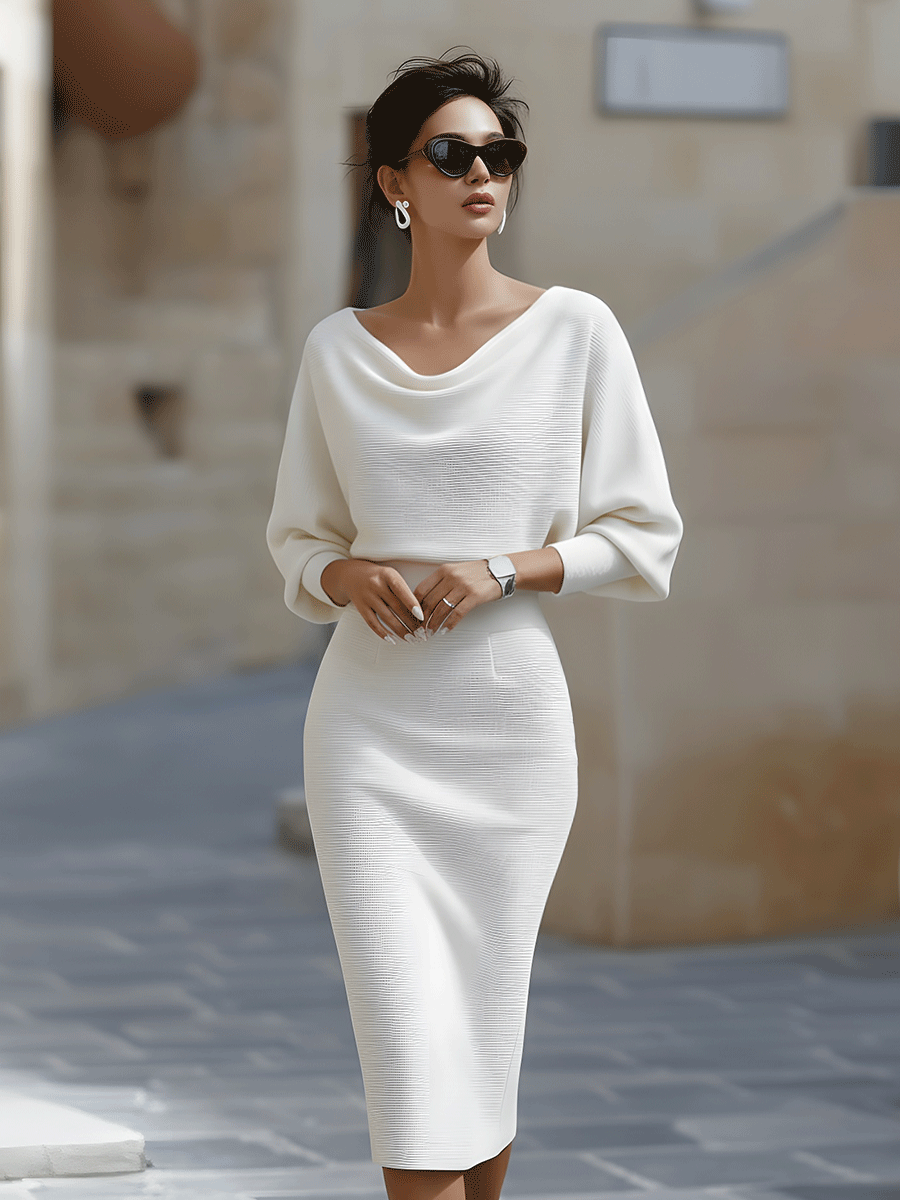 Ashley | White Draped Midi Dress with Batwing Sleeves